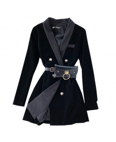 Spring Fall Women British Elegant Long Sleeve Suit Blazer Medium Long Retro Double Breasted Velvet WorkWear Black Jacket Coat...