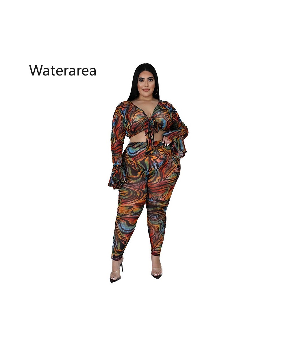 Plus Size Tiger Print Women's Sets Sexy V-neck Flare Sleeves Cropt Otp&pencli Pants 2Pcs Suit OL Slim Outfits 2023 $46.37 - P...