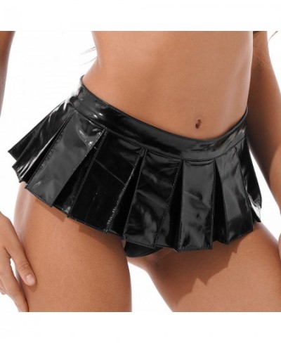 Womens Glossy Stylish Skirts Wet Look Hot Patent Leather Mini Skirt Front Zipper Pleated Skirts Stage Performance Party Costu...