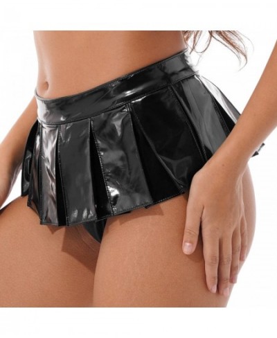 Womens Glossy Stylish Skirts Wet Look Hot Patent Leather Mini Skirt Front Zipper Pleated Skirts Stage Performance Party Costu...