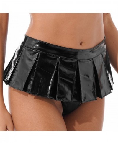 Womens Glossy Stylish Skirts Wet Look Hot Patent Leather Mini Skirt Front Zipper Pleated Skirts Stage Performance Party Costu...