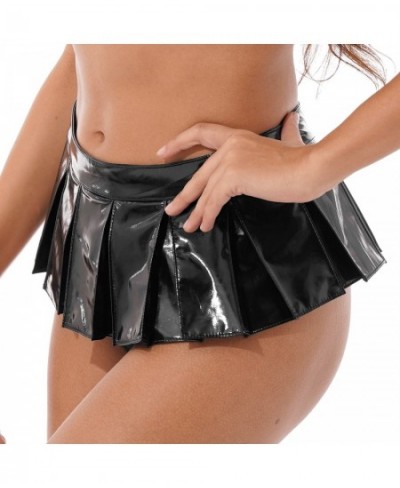 Womens Glossy Stylish Skirts Wet Look Hot Patent Leather Mini Skirt Front Zipper Pleated Skirts Stage Performance Party Costu...