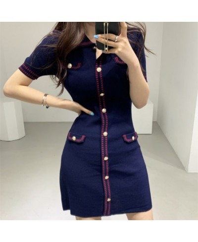 Women Mini Knitted Dress Vintage Metal Buttons High Waist Sheath Pencil Dresses Turn-down Neck Elegant Dress Office Lady N237...