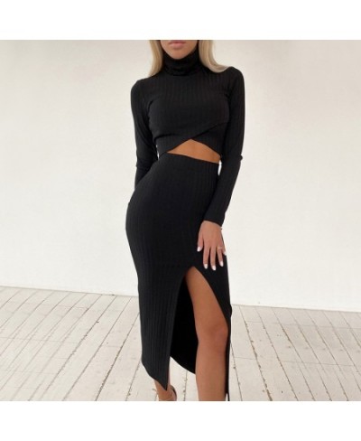 2022 Women's Solid Color Knitted Ribbed Cross Short Top and Split Skirt Suit Split Pleated Skirt Long Sleeve Suit Ladies Autu...