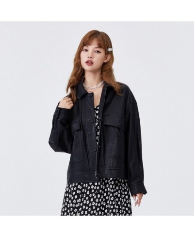 Jacket Women Texture Retro 2023 Autumn New Style Ladies Loose Pu Imitation Leather Sweet Cool Black Jacket Popular $85.68 - J...