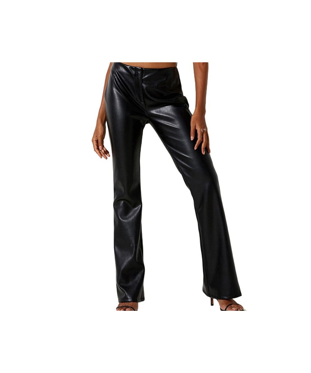 Women's Casual PU Long Pants Middle-Waisted Solid Color Loose Fit Simple Trousers Street Style Flared Pants Black/Pink $36.46...