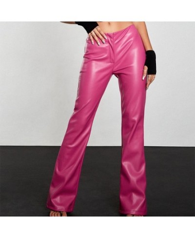 Women's Casual PU Long Pants Middle-Waisted Solid Color Loose Fit Simple Trousers Street Style Flared Pants Black/Pink $36.46...