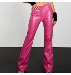 Women's Casual PU Long Pants Middle-Waisted Solid Color Loose Fit Simple Trousers Street Style Flared Pants Black/Pink $36.46...