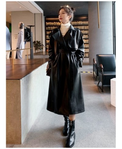 Fashion Women's Long PU Leather Trench Coat With Belt Lady Windbreaker Waterpoof Female Outerwear Autumn Black 2R3889 $105.23...