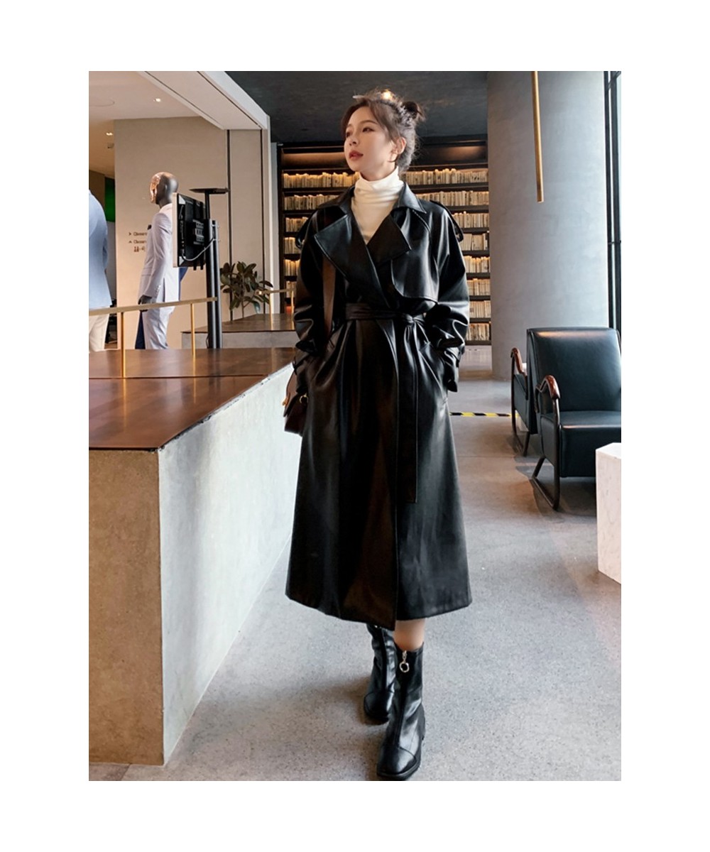 Fashion Women's Long PU Leather Trench Coat With Belt Lady Windbreaker Waterpoof Female Outerwear Autumn Black 2R3889 $105.23...