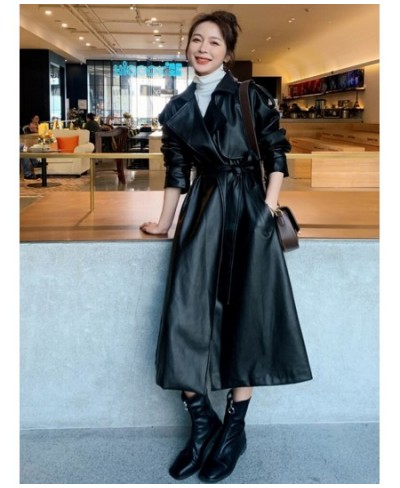 Fashion Women's Long PU Leather Trench Coat With Belt Lady Windbreaker Waterpoof Female Outerwear Autumn Black 2R3889 $105.23...