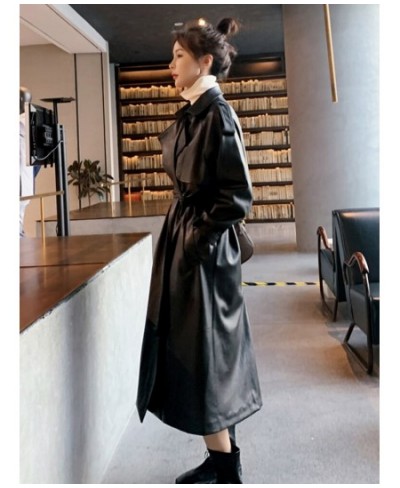 Fashion Women's Long PU Leather Trench Coat With Belt Lady Windbreaker Waterpoof Female Outerwear Autumn Black 2R3889 $105.23...