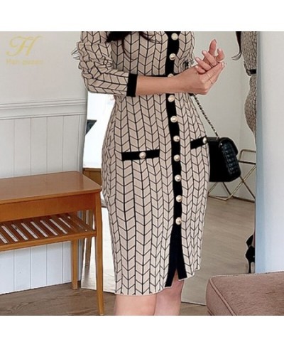 Single-Breasted Elegant Pencil Dress Women Simple Slim Elastic Knitted Sheath Bodycon Dresses Office Wear Vestidos $50.07 - D...