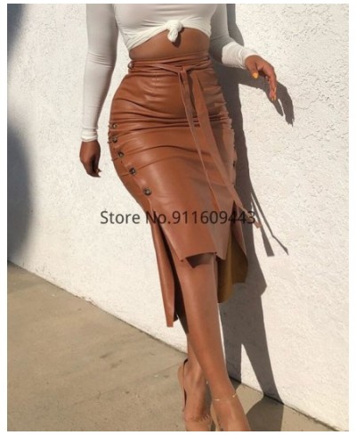 Sexy Women Trendy PU Leather Midi Skirt Solid Color High Waist Lace-up Side Button Slim Skinny Pencil Skirt Ladies Streetwear...