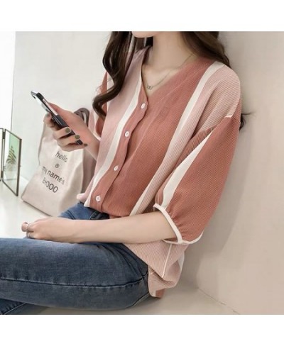 2023 Summer Vintage Striped Print Loose Casual Cotton Shirt Female Half Sleeve Comfortable All-match Cardigan Top Women Blous...