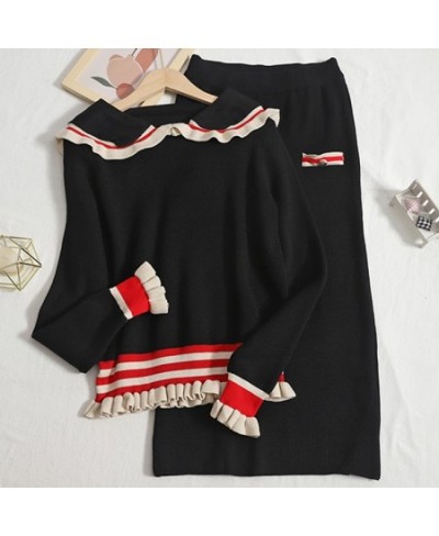 2022 Spring New Sweet 2 Piece Set Women Knitted Contrast Color Peter Pan Collar Long Sleeve Sweater Top + Slim Wrap Skirt Sui...