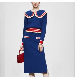 2022 Spring New Sweet 2 Piece Set Women Knitted Contrast Color Peter Pan Collar Long Sleeve Sweater Top + Slim Wrap Skirt Sui...