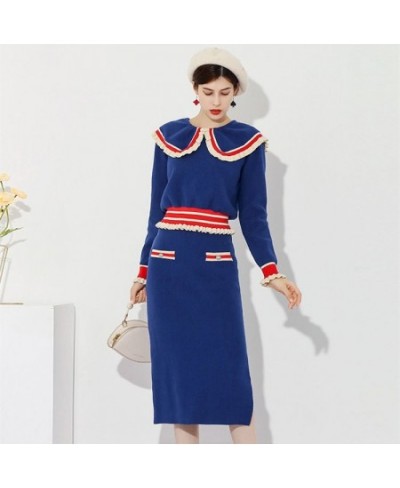 2022 Spring New Sweet 2 Piece Set Women Knitted Contrast Color Peter Pan Collar Long Sleeve Sweater Top + Slim Wrap Skirt Sui...