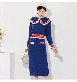 2022 Spring New Sweet 2 Piece Set Women Knitted Contrast Color Peter Pan Collar Long Sleeve Sweater Top + Slim Wrap Skirt Sui...