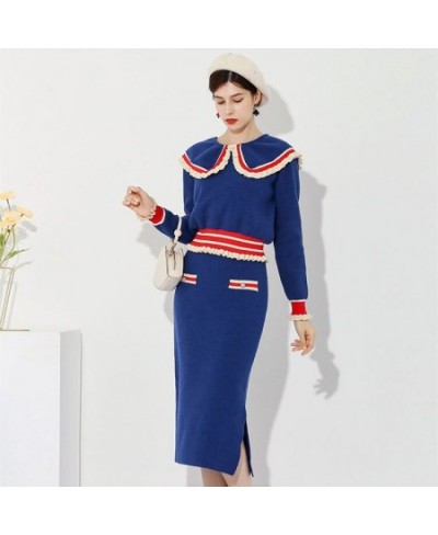 2022 Spring New Sweet 2 Piece Set Women Knitted Contrast Color Peter Pan Collar Long Sleeve Sweater Top + Slim Wrap Skirt Sui...