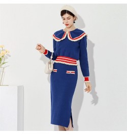 2022 Spring New Sweet 2 Piece Set Women Knitted Contrast Color Peter Pan Collar Long Sleeve Sweater Top + Slim Wrap Skirt Sui...