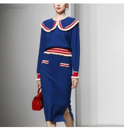 2022 Spring New Sweet 2 Piece Set Women Knitted Contrast Color Peter Pan Collar Long Sleeve Sweater Top + Slim Wrap Skirt Sui...