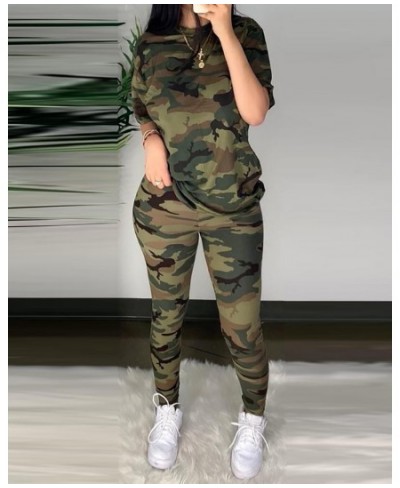 Women Fashion Elegant Casual Round Neck Camouflage Half Sleeve T-Shirt & long Pants High Waist Set $42.07 - Suits & Sets