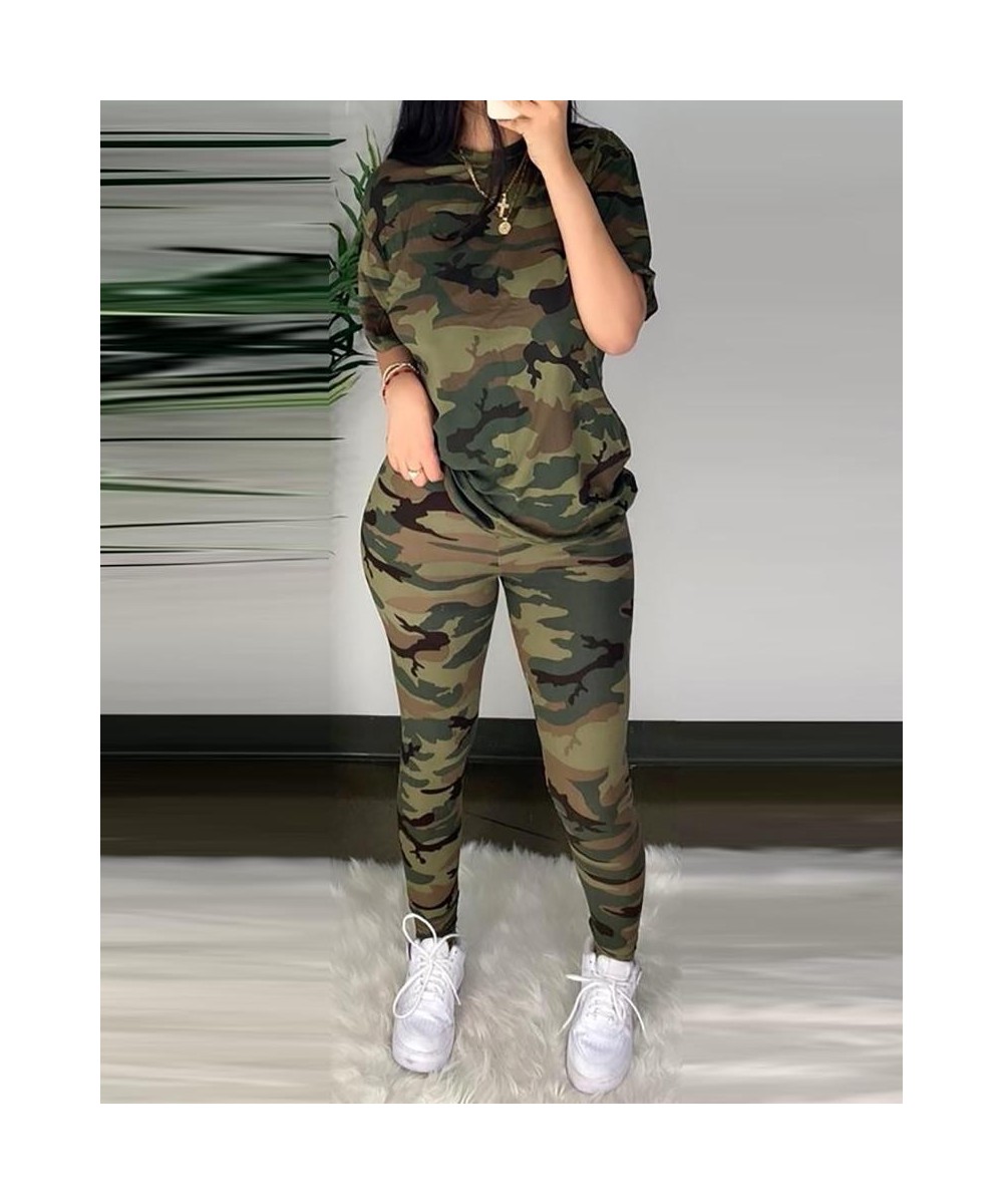 Women Fashion Elegant Casual Round Neck Camouflage Half Sleeve T-Shirt & long Pants High Waist Set $42.07 - Suits & Sets