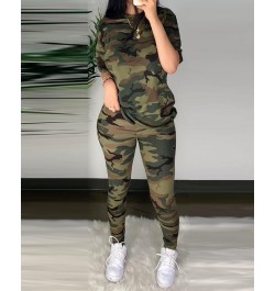 Women Fashion Elegant Casual Round Neck Camouflage Half Sleeve T-Shirt & long Pants High Waist Set $42.07 - Suits & Sets