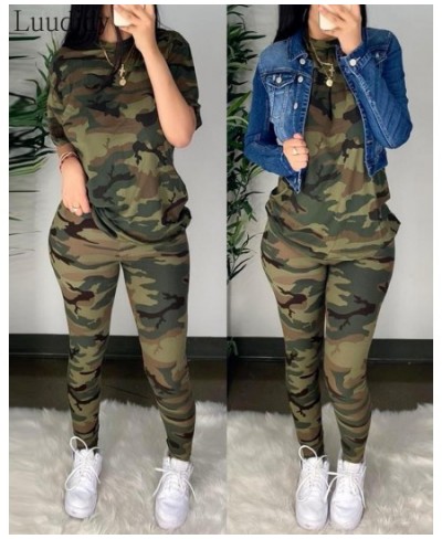 Women Fashion Elegant Casual Round Neck Camouflage Half Sleeve T-Shirt & long Pants High Waist Set $42.07 - Suits & Sets