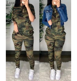 Women Fashion Elegant Casual Round Neck Camouflage Half Sleeve T-Shirt & long Pants High Waist Set $42.07 - Suits & Sets