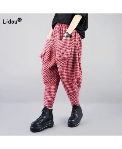 Casual Fashion Elastic Waist Plaid Radish Pants Women's Clothing Loose Summer All-match Vintage Pockets Spliced Capri Pants $...