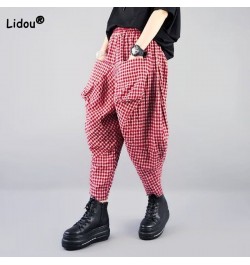 Casual Fashion Elastic Waist Plaid Radish Pants Women's Clothing Loose Summer All-match Vintage Pockets Spliced Capri Pants $...