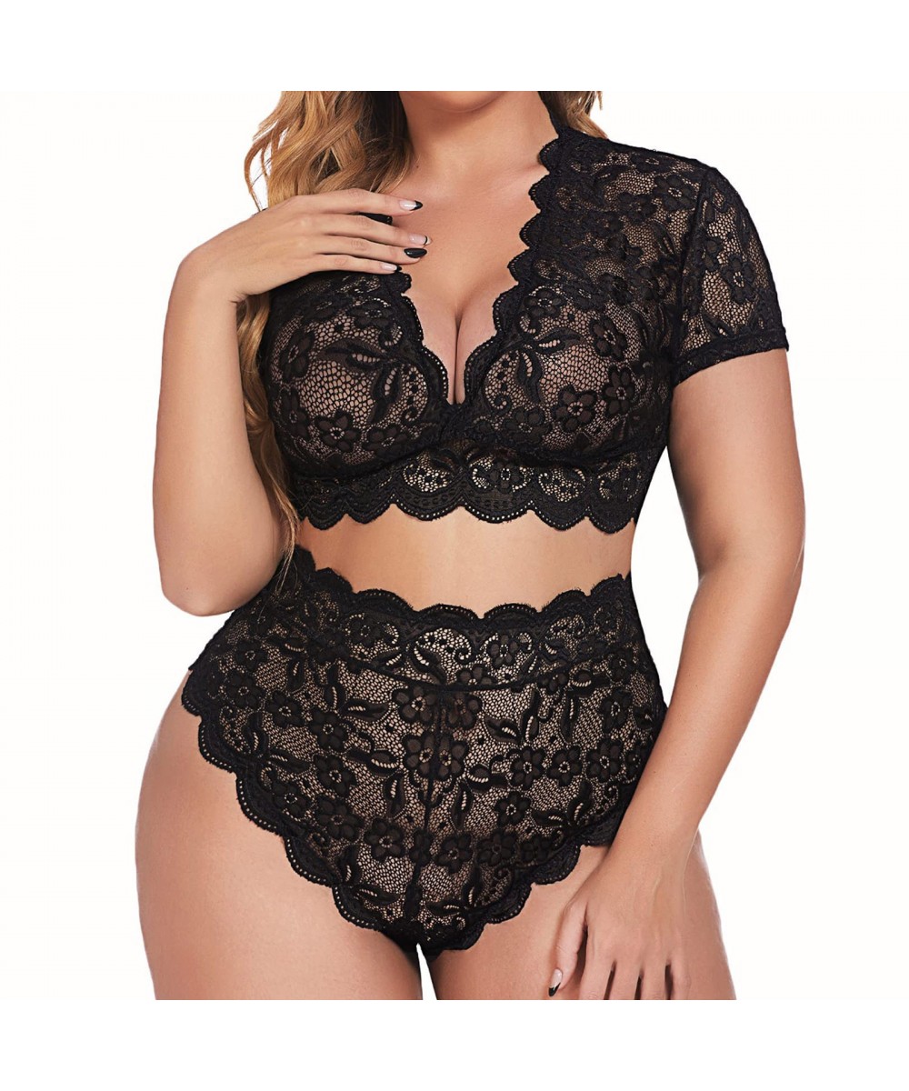 Plus Size Women's Underwear Sexy Lingerie V Neck High Waist Floral Lace Criss Cross Bra And Panty 2 Piece Set Women's lingeri...