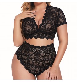 Plus Size Women's Underwear Sexy Lingerie V Neck High Waist Floral Lace Criss Cross Bra And Panty 2 Piece Set Women's lingeri...