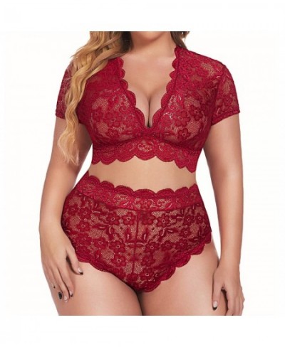 Plus Size Women's Underwear Sexy Lingerie V Neck High Waist Floral Lace Criss Cross Bra And Panty 2 Piece Set Women's lingeri...