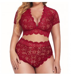 Plus Size Women's Underwear Sexy Lingerie V Neck High Waist Floral Lace Criss Cross Bra And Panty 2 Piece Set Women's lingeri...