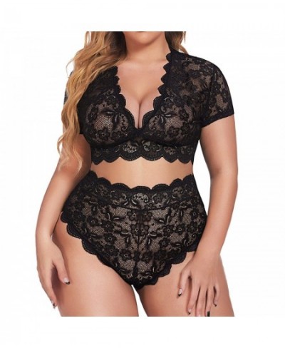 Plus Size Women's Underwear Sexy Lingerie V Neck High Waist Floral Lace Criss Cross Bra And Panty 2 Piece Set Women's lingeri...