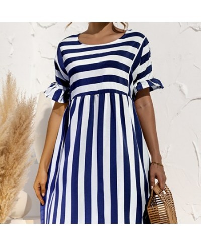 2023 Summer New Fashion O Neck Women's Dress Casual Loose Solid Short Sleeve Ruffle Patchwork Pocket Ladies Stripe Dress $21....