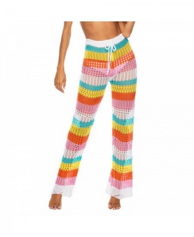 Women's Beach Wear Long Pants Summer Boho Rainbow Stripe Hollow Out Crochet Knit High Waist Tie-Up Trousers Bikini Cover-ups ...