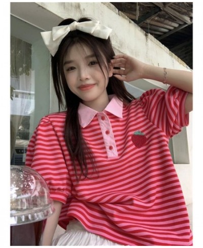 Japanese Polo Shirt Hip Hop Punk Loose Student Ulzzang Red Fruit Strawberry Print Soft Cotton Women Harajuku Shirts Streetwea...