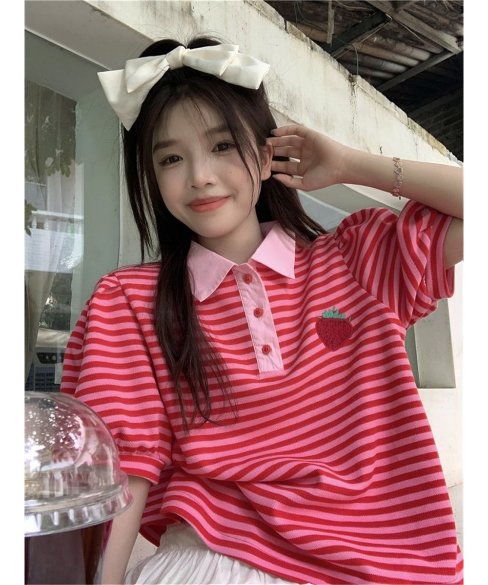 Japanese Polo Shirt Hip Hop Punk Loose Student Ulzzang Red Fruit Strawberry Print Soft Cotton Women Harajuku Shirts Streetwea...