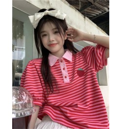 Japanese Polo Shirt Hip Hop Punk Loose Student Ulzzang Red Fruit Strawberry Print Soft Cotton Women Harajuku Shirts Streetwea...