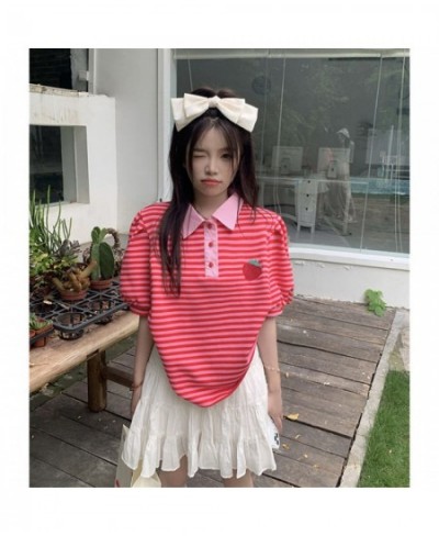 Japanese Polo Shirt Hip Hop Punk Loose Student Ulzzang Red Fruit Strawberry Print Soft Cotton Women Harajuku Shirts Streetwea...