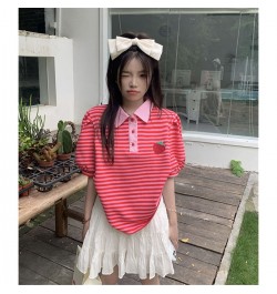 Japanese Polo Shirt Hip Hop Punk Loose Student Ulzzang Red Fruit Strawberry Print Soft Cotton Women Harajuku Shirts Streetwea...