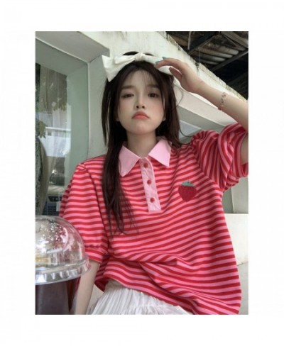 Japanese Polo Shirt Hip Hop Punk Loose Student Ulzzang Red Fruit Strawberry Print Soft Cotton Women Harajuku Shirts Streetwea...