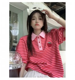 Japanese Polo Shirt Hip Hop Punk Loose Student Ulzzang Red Fruit Strawberry Print Soft Cotton Women Harajuku Shirts Streetwea...