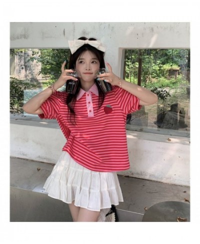 Japanese Polo Shirt Hip Hop Punk Loose Student Ulzzang Red Fruit Strawberry Print Soft Cotton Women Harajuku Shirts Streetwea...