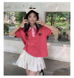 Japanese Polo Shirt Hip Hop Punk Loose Student Ulzzang Red Fruit Strawberry Print Soft Cotton Women Harajuku Shirts Streetwea...