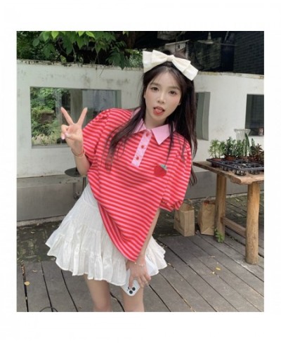 Japanese Polo Shirt Hip Hop Punk Loose Student Ulzzang Red Fruit Strawberry Print Soft Cotton Women Harajuku Shirts Streetwea...